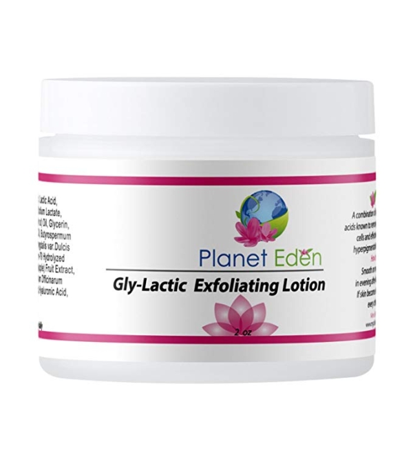 Planet Eden 20% Gly-Lactic Exfoliating Lotion with 10% Glycolic and 10% Lactic Acids - Natural Ingredients with Hyaluronic Acid for Aging and Sun damaged Skin (2 OZ)